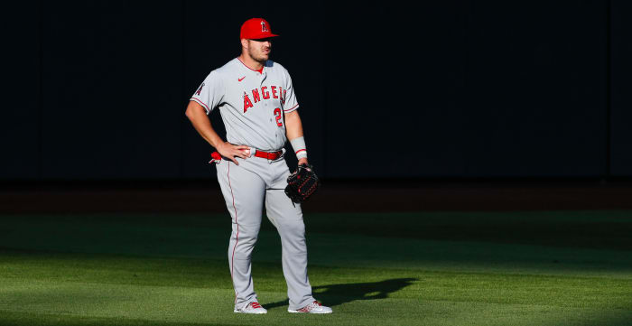 Los Angeles Angels center fielder Mike Trout (27) waits between pitches against the Seattle Mariners during the first inning at T-Mobile Park.